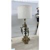 Image 2 : 2 Mid Century Modern Table Lamps with Ornate Brass, Smoky Crystal Drops and Drum Shades, 33" High