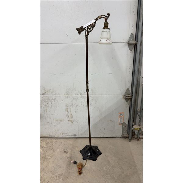 Vintage Cast Metal Bridge Arm Floor Lamp with Hand-Painted Milk Glass Shade, Circa 1920s-1940s