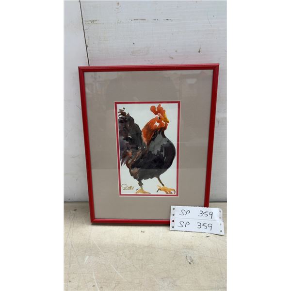 Framed Watercolor Painting of a Rooster by Scory with Red Frame, 12 1/2 x 10"