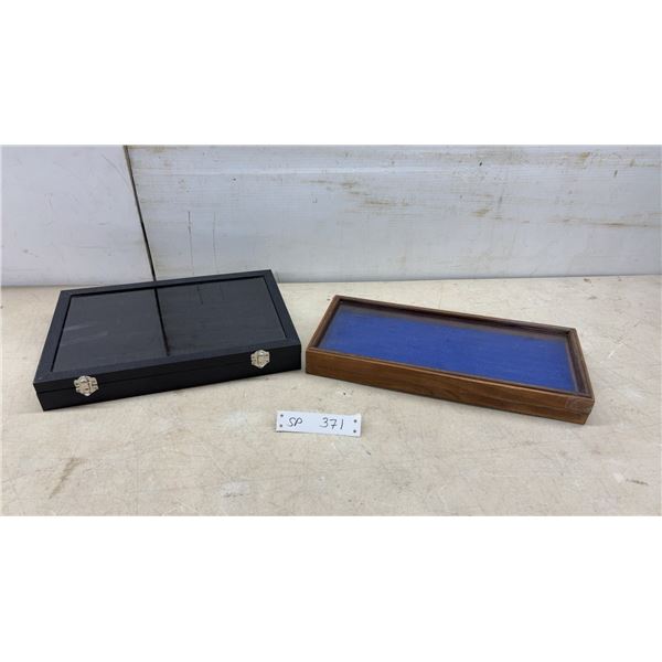 Two Glass-Top Display Cases: Wood with Blue Felt Insert and Black with Compartments