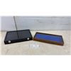 Image 1 : Two Glass-Top Display Cases: Wood with Blue Felt Insert and Black with Compartments