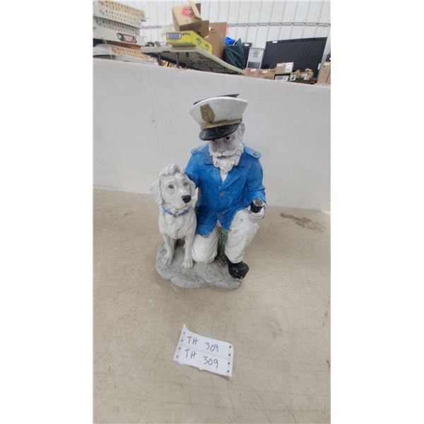 Solar-Powered Garden Statue of Sea Captain with Dog and Lantern 16"