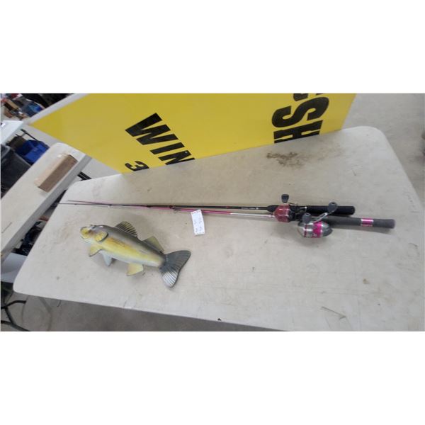 Pink Zebco Spincast Rod and Reel Combo and Walleye Fish Boat Bumper