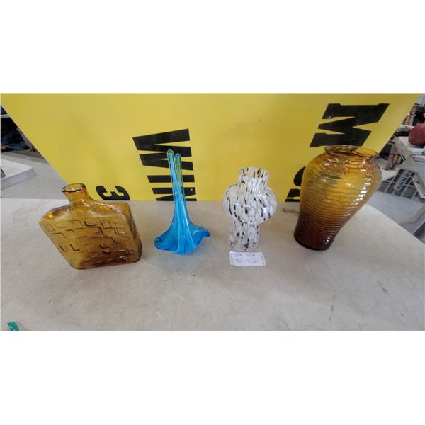 Art Glass Collection: Murano-Style Blue Trumpet Vase, Amber Bottle, Spatter Vase, and More