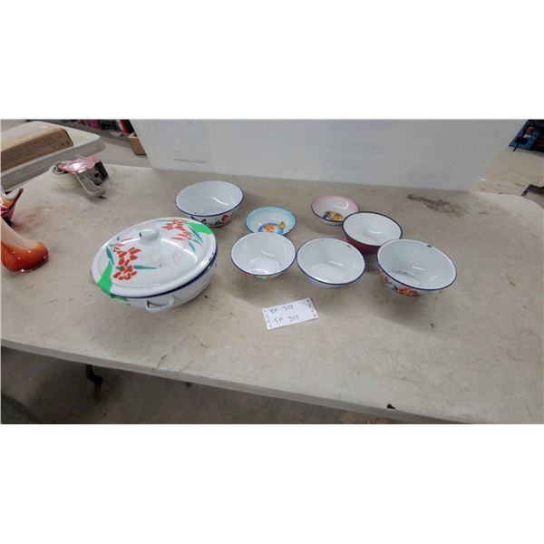 Vintage Enamelware Lidded Pot with Handles and Assorted Floral Bowls, 8 Pieces