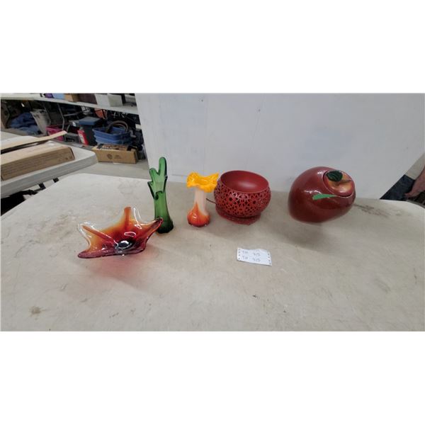 Red Apple Cookie Jar, Pierced Metal Candle Holder, Art Glass Vase, and More