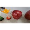 Image 3 : Red Apple Cookie Jar, Pierced Metal Candle Holder, Art Glass Vase, and More