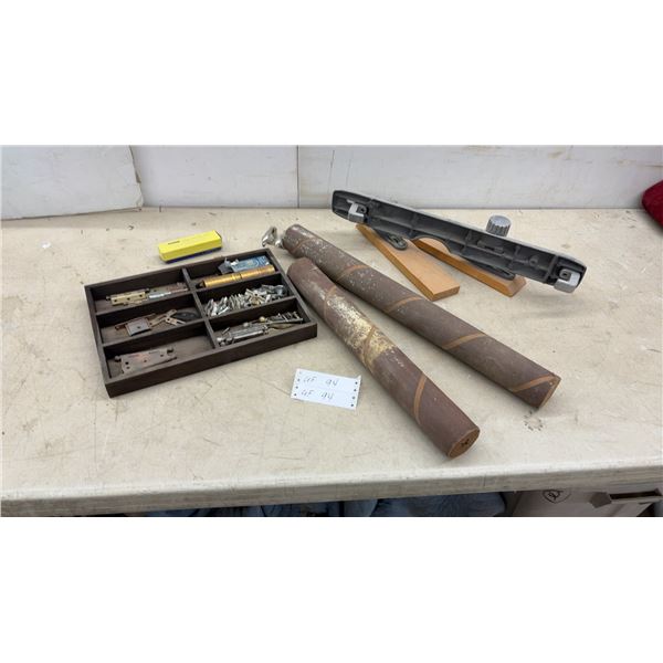 Vintage Hardware Lot with Hinges, Lock, Wood Working Jig / Fence, Sanding Drums and More