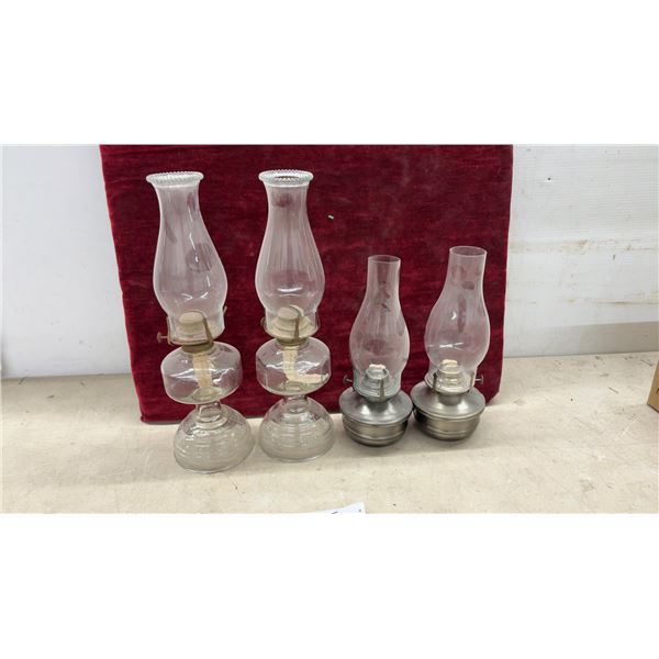 Four Vintage Kerosene Oil Lamps with Glass Chimneys, Clear Glass, 2 Metal Bases & 2 Glass Bases