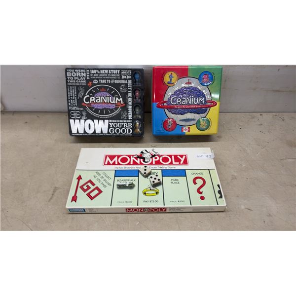 Cranium WOW You're Good Edition, Classic Cranium, and Monopoly Board Games