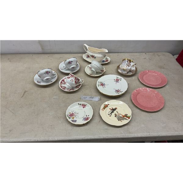 Assorted Vintage Porcelain Teacups, Saucers, Gravy Boat, Side Plates, Salt Pepper Shakers and More