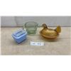 Image 1 : Amber Carnival Glass Hen on Nest Dish, Green Measuring Cup, Pyrex Refrigerator Dish.