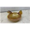 Image 2 : Amber Carnival Glass Hen on Nest Dish, Green Measuring Cup, Pyrex Refrigerator Dish.