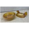 Image 3 : Amber Carnival Glass Hen on Nest Dish, Green Measuring Cup, Pyrex Refrigerator Dish.
