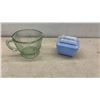 Image 6 : Amber Carnival Glass Hen on Nest Dish, Green Measuring Cup, Pyrex Refrigerator Dish.