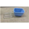 Image 7 : Amber Carnival Glass Hen on Nest Dish, Green Measuring Cup, Pyrex Refrigerator Dish.