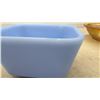Image 8 : Amber Carnival Glass Hen on Nest Dish, Green Measuring Cup, Pyrex Refrigerator Dish.