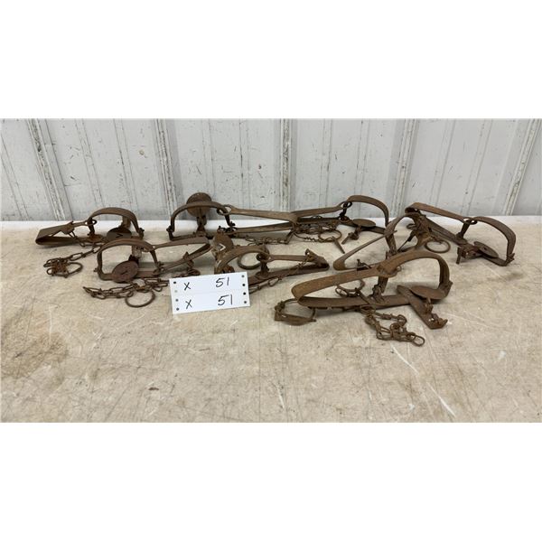 Lot of 8 Vintage Steel Foothold Animal Traps with Chains