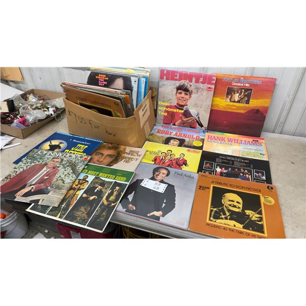 Box of Vintage Vinyl Records Including Johnny Horton, Hank Williams, Paul Anka, and More
