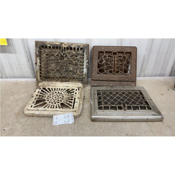 Lot of Four Antique Cast Iron Heating Grates and Registers, Assorted Designs