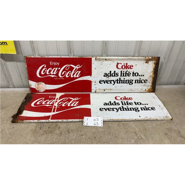 Two Vintage Coca-Cola Painted Metal Advertising Signs 36 x 10