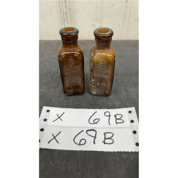 Two Antique Amber Glass Skull and Crossbones Embossed Liquid Iodine Poison Bottles