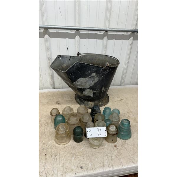 Vintage Galvanized Metal Coal Scuttle with Antique Glass Electrical Insulators