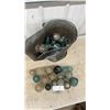 Image 2 : Vintage Galvanized Metal Coal Scuttle with Antique Glass Electrical Insulators
