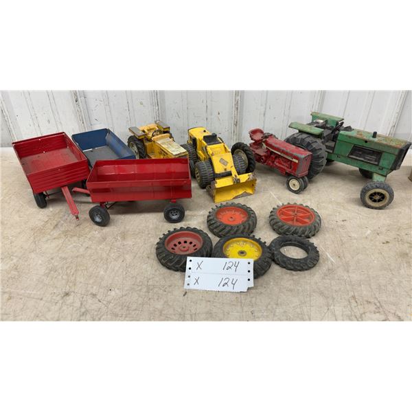 Vintage Toy Farm Tractors, Trailers, Bulldozer, and Spare Tires Lot