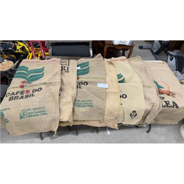 Collection of 6 Burlap Jute Coffee Bean Sacks Including Cafés Do Brasil and Sigri and More