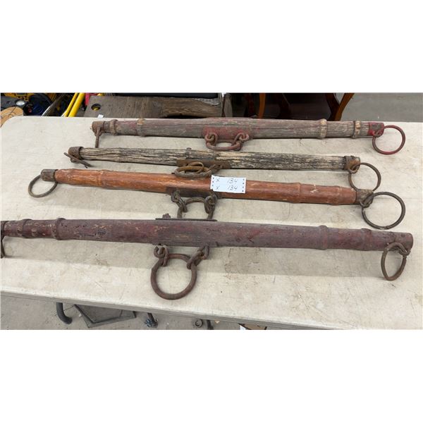 Lot of Four Antique Wooden Singletrees with Iron Rings and Hardware