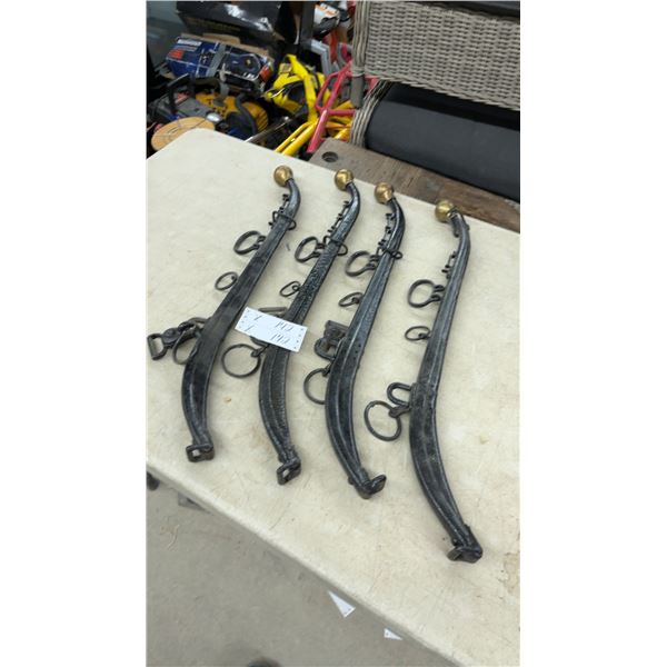 Set of Four Antique Black Painted Metal Horse Hames with Brass Finials and Rings