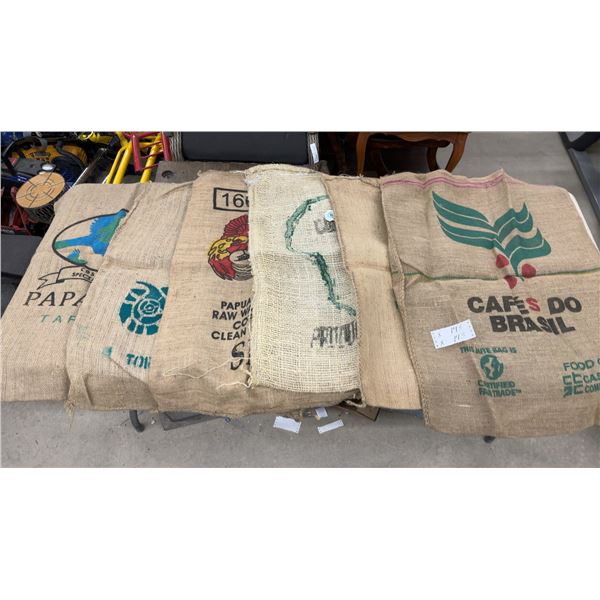 Collection of Six International Coffee Bean Jute Sacks, Cafés Do Brasil and More