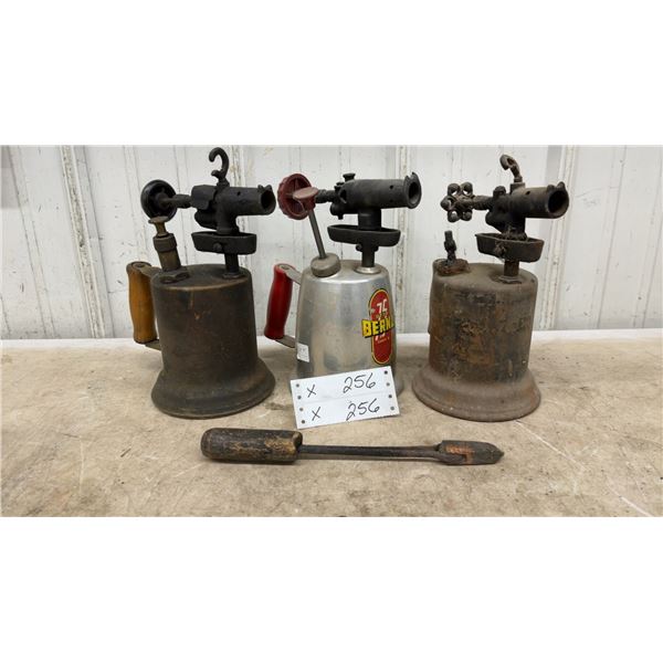 Lot of Three Vintage Liquid-Fuel Blowtorches Including Otto Bernz and Soldering Iron