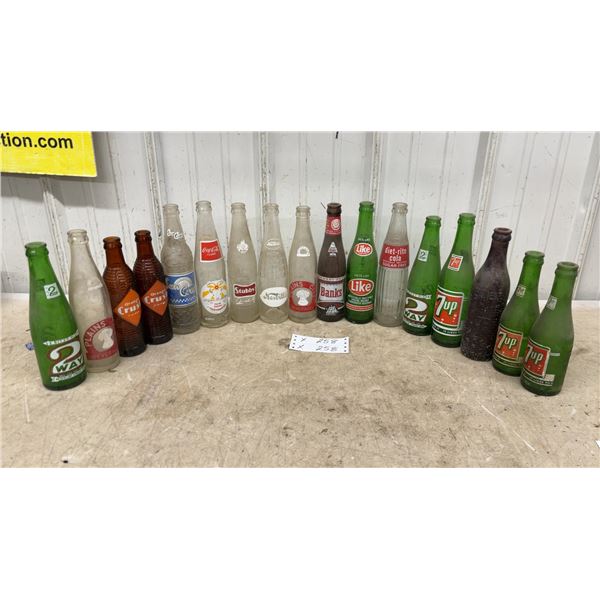 Collection of 17 Vintage Soda Bottles: 2 Way, Orange Crush, Coca-Cola, 7Up, Diet-Rite, and More