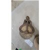 Image 3 : Two Vintage Cast Iron and Wood Single-Sheave Barn Pulleys with Integrated Eyelets