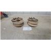 Image 4 : Two Vintage Cast Iron and Wood Single-Sheave Barn Pulleys with Integrated Eyelets