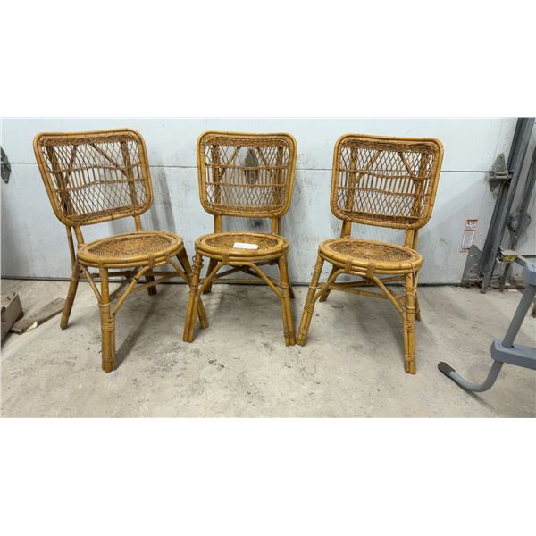 Set of Three Vintage Bamboo and Wicker Lattice-Back Dining Chairs with Round Seats