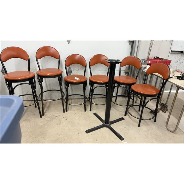 Set of Six Bar Stools with Orange Upholstered Seats, Black Metal Frames, and Table Base