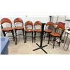 Image 1 : Set of Six Bar Stools with Orange Upholstered Seats, Black Metal Frames, and Table Base