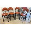Image 6 : Set of Six Bar Stools with Orange Upholstered Seats, Black Metal Frames, and Table Base