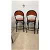 Image 7 : Set of Six Bar Stools with Orange Upholstered Seats, Black Metal Frames, and Table Base