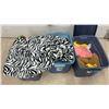 Image 10 : Three Totes of Fabric, Sewing Patterns, Blankets, Stuffed Animals, and More