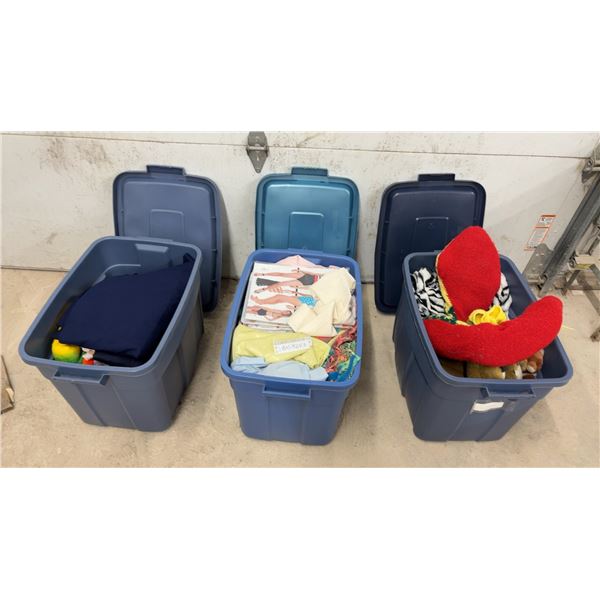 Three Totes of Fabric, Sewing Patterns, Blankets, Stuffed Animals, and More