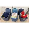 Image 1 : Three Totes of Fabric, Sewing Patterns, Blankets, Stuffed Animals, and More