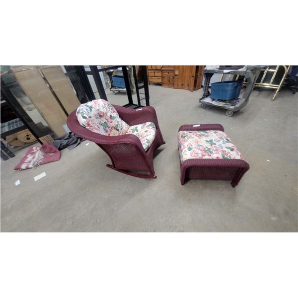 Burgundy Wicker Rocking Chair with Matching Ottoman and Floral Cushions