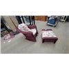 Image 1 : Burgundy Wicker Rocking Chair with Matching Ottoman and Floral Cushions