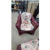 Image 2 : Burgundy Wicker Rocking Chair with Matching Ottoman and Floral Cushions