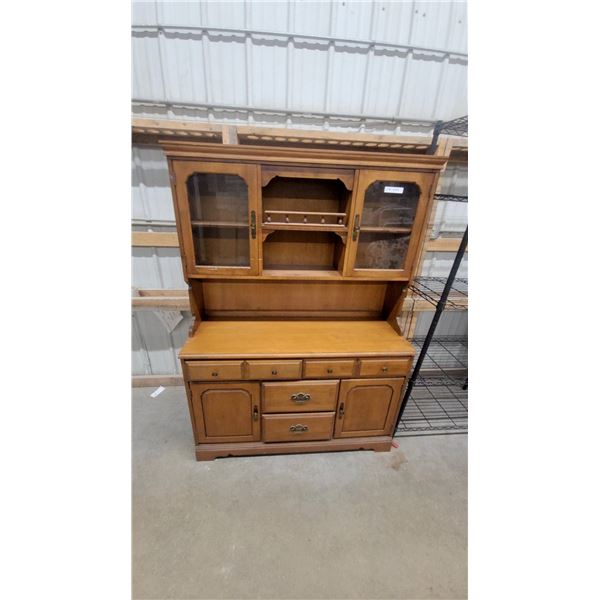 Two-Piece Traditional Maple China Hutch with Glass Doors, Drawers, and Cabinets 66 x 48 x 18"