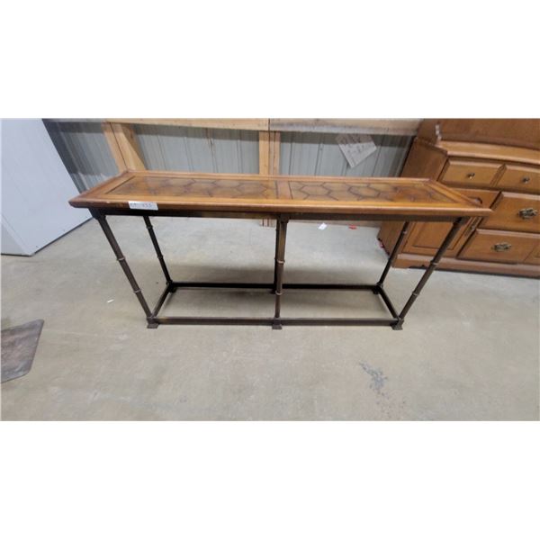 Console Table with Hexagonal Carved Wood Top and Faux Bamboo Metal Base 27 x 56 x 15"